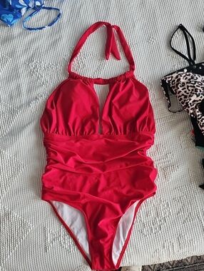 Red Halter One-Piece Swimsuit with Ruched Waist